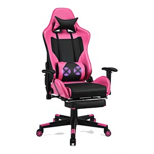 Pemberly Row PVC and Sponge Massage Gaming Chair with Footrest in Pink