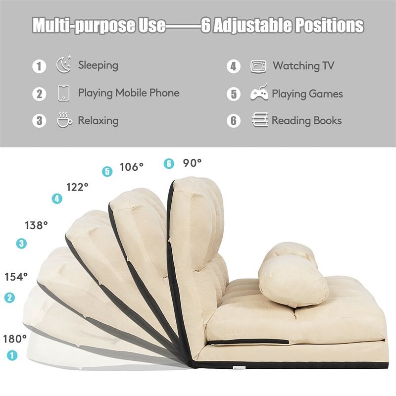 Pemberly Row 6-Position Adjustable Lounge Couch Foldable Floor Sofa Bed in Beige