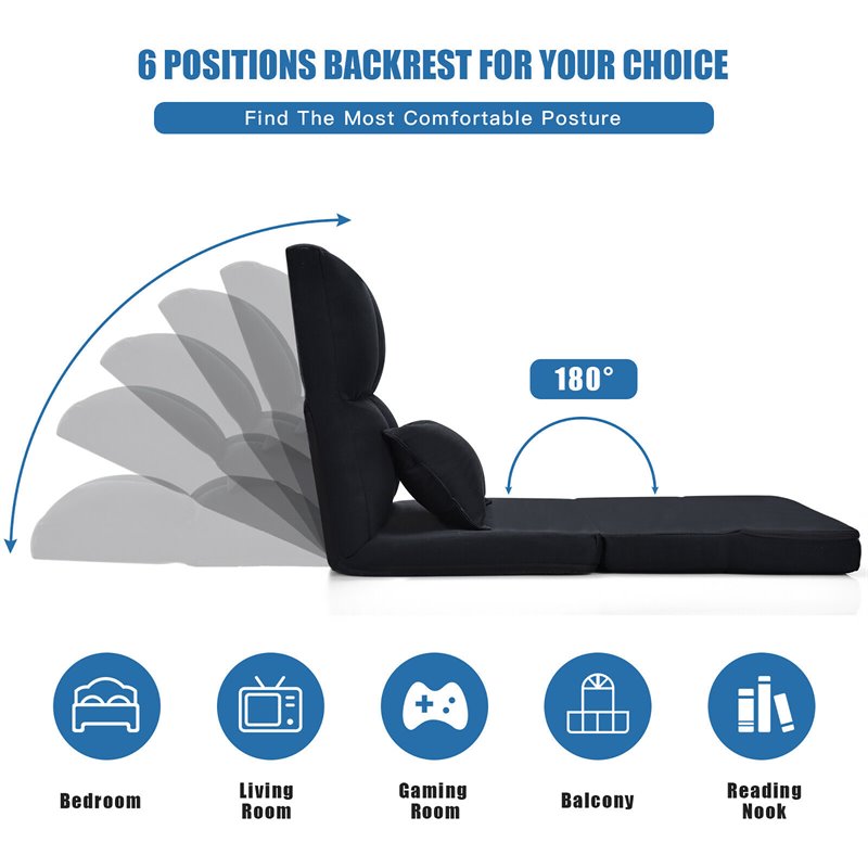 Pemberly Row Sponge & Fabric Adjustable 6-positon Floor Folding Lounger in Black