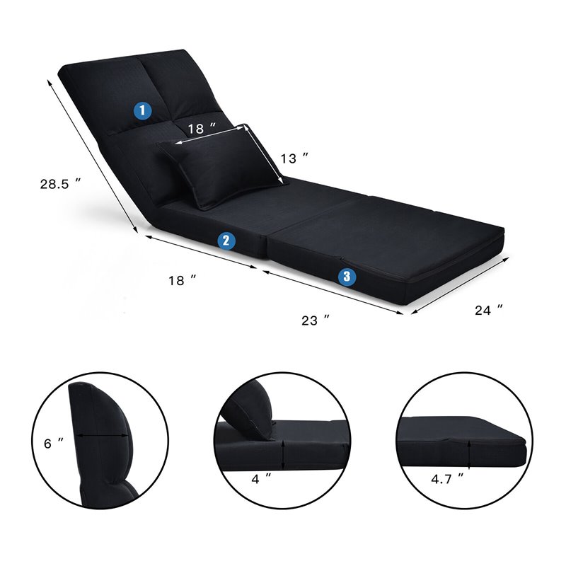 Pemberly Row Sponge & Fabric Adjustable 6-positon Floor Folding Lounger in Black