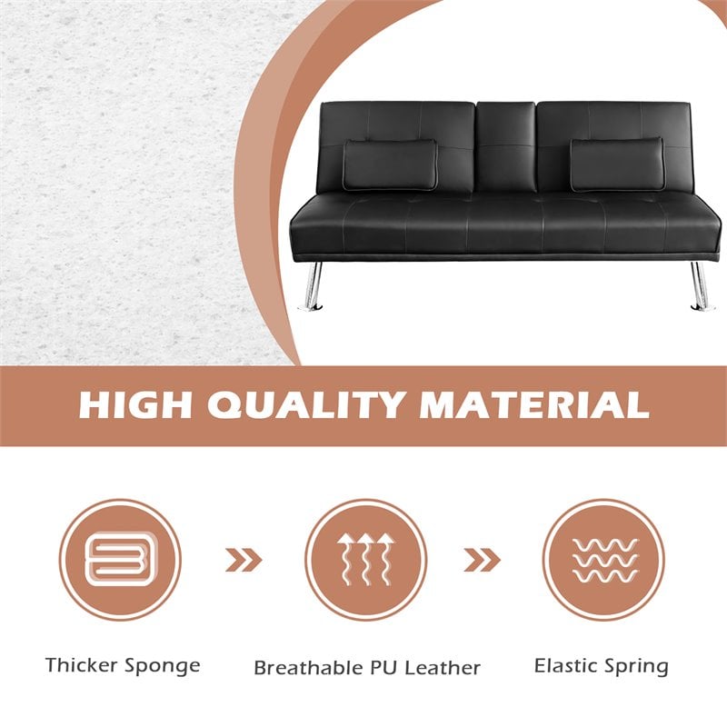 Pemberly Row Cup Holders/Armrests Convertible Folding Futon Sofa Bed in Black