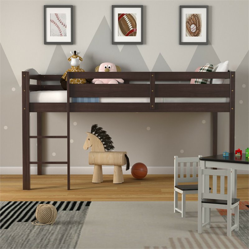 Pemberly Row Twin Low Loft Bunk Junior Bed w/ Wooden Guard Rail Ladder-Espresso
