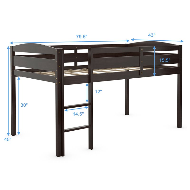 Pemberly Row Twin Low Loft Bunk Junior Bed w/ Wooden Guard Rail Ladder-Espresso