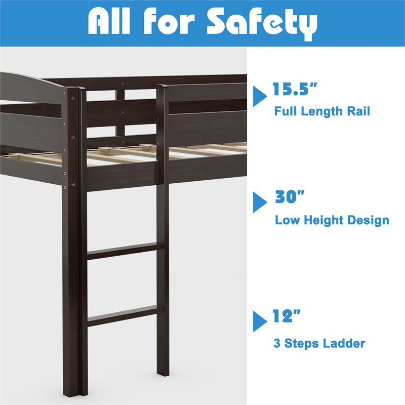 Pemberly Row Twin Low Loft Bunk Junior Bed w/ Wooden Guard Rail Ladder-Espresso