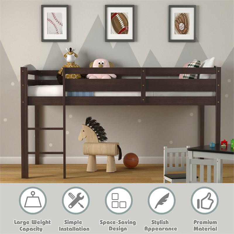 Pemberly Row Twin Low Loft Bunk Junior Bed w/ Wooden Guard Rail Ladder-Espresso