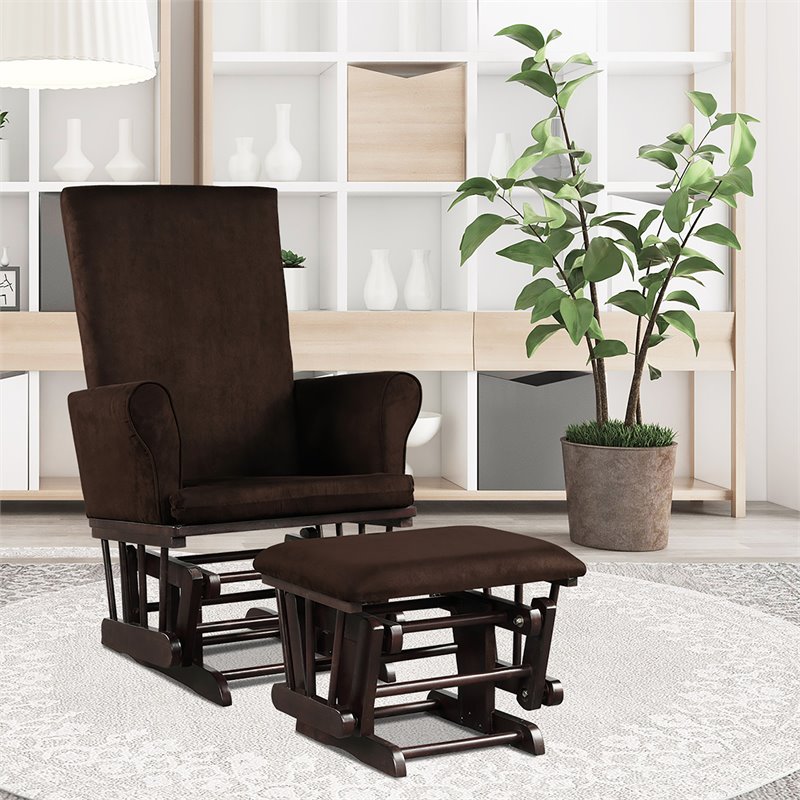 Pemberly Row Contemporary Fabric Rocking Chair Glider & Ottoman Set in Brown