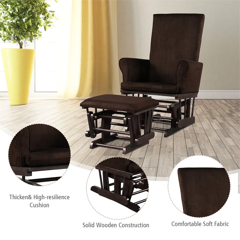 Pemberly Row Contemporary Fabric Rocking Chair Glider & Ottoman Set in Brown