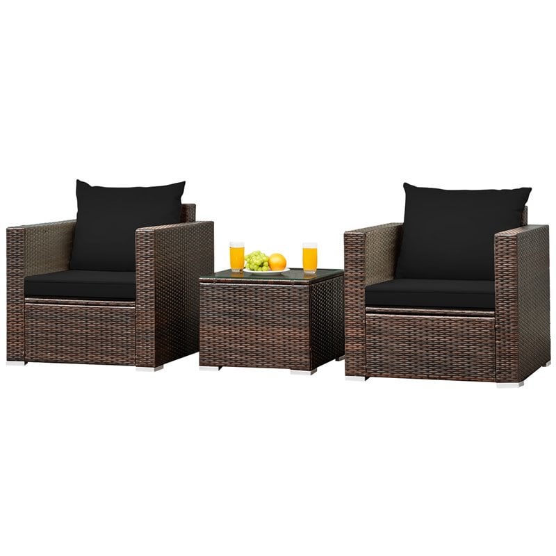 Pemberly Row 3-piece Rattan Patio Furniture Set with Cushions in Black