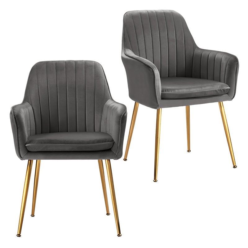 Pemberly Row Velvet Mid-Back Leisure Armchair with Gold Leg in Gray (Set of 2)