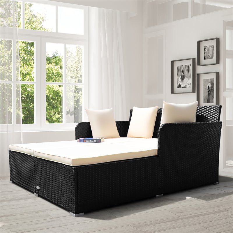 Pemberly Row Patio Rattan Cushioned Sofa Daybed with Pillows in Beige