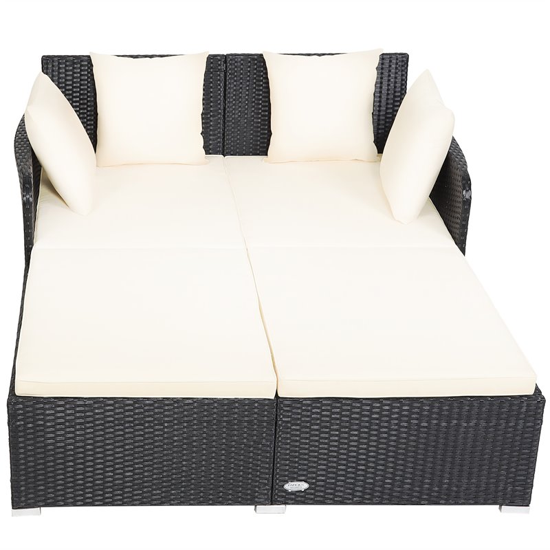Pemberly Row Patio Rattan Cushioned Sofa Daybed with Pillows in Beige