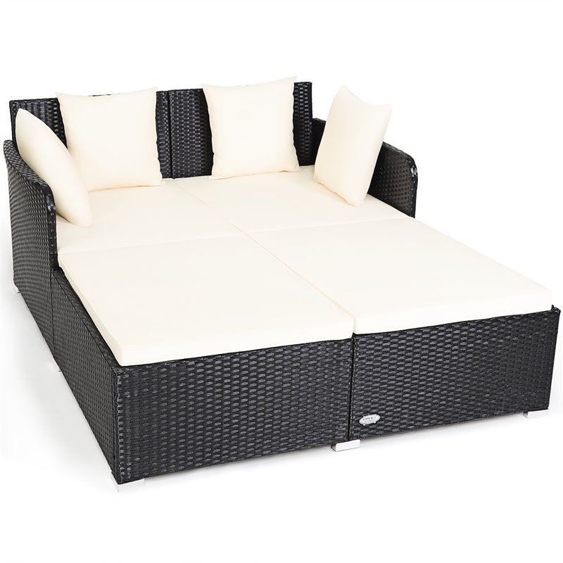 Pemberly Row Patio Rattan Cushioned Sofa Daybed with Pillows in Beige