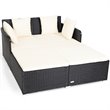 Pemberly Row Patio Rattan Cushioned Sofa Daybed with Pillows in Beige