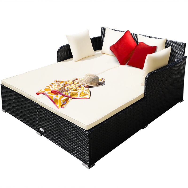 Pemberly Row Patio Rattan Cushioned Sofa Daybed with Pillows in Beige
