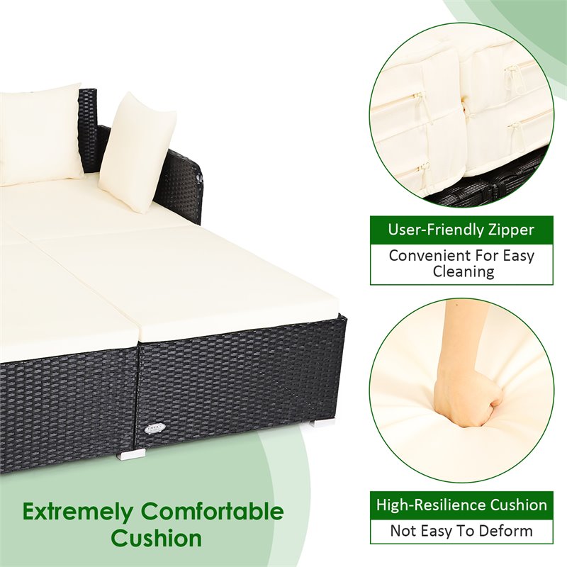 Pemberly Row Patio Rattan Cushioned Sofa Daybed with Pillows in Beige