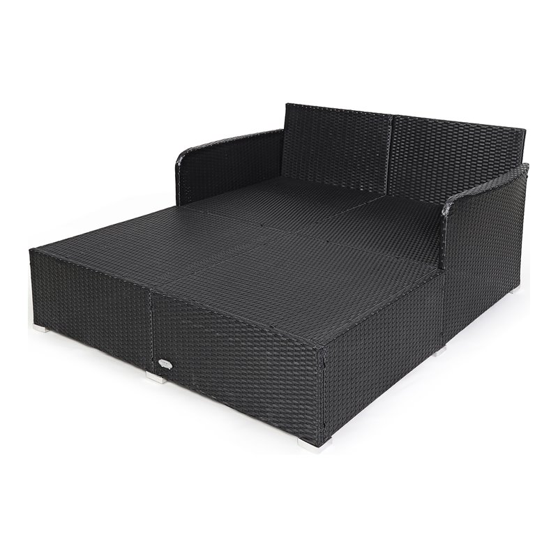 Pemberly Row Patio Rattan Cushioned Sofa Daybed with Pillows in Beige