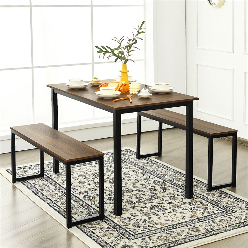 Pemberly Row 3-Pc MDF Board & Iron Dining Table Set with 2 Benches in Natural