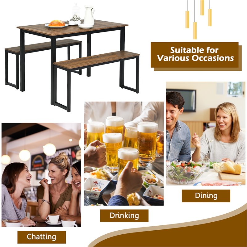 Pemberly Row 3-Pc MDF Board & Iron Dining Table Set with 2 Benches in Natural