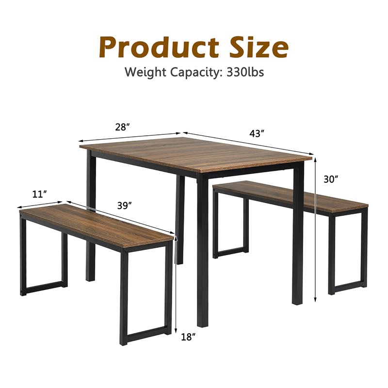 Pemberly Row 3-Pc MDF Board & Iron Dining Table Set with 2 Benches in Natural