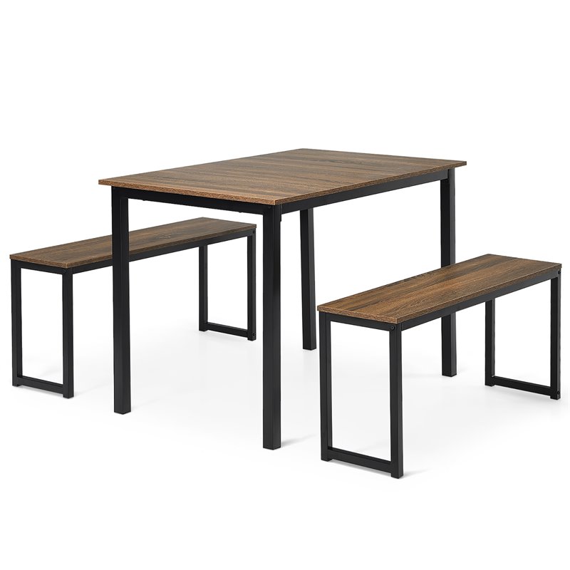 Pemberly Row 3-Pc MDF Board & Iron Dining Table Set with 2 Benches in Natural