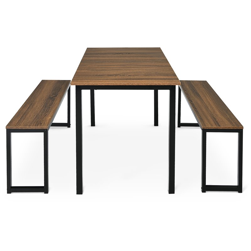 Pemberly Row 3-Pc MDF Board & Iron Dining Table Set with 2 Benches in Natural