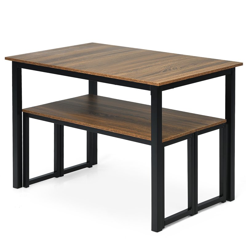 Pemberly Row 3-Pc MDF Board & Iron Dining Table Set with 2 Benches in Natural