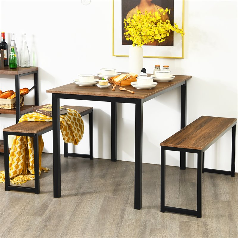 Pemberly Row 3-Pc MDF Board & Iron Dining Table Set with 2 Benches in Natural
