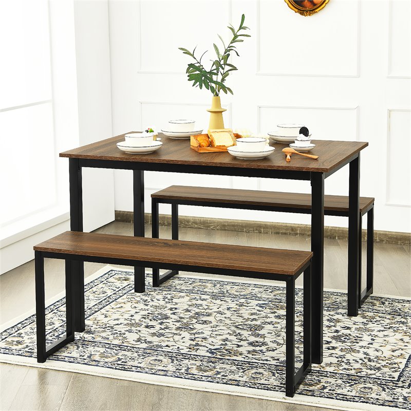 Pemberly Row 3-Pc MDF Board & Iron Dining Table Set with 2 Benches in Natural