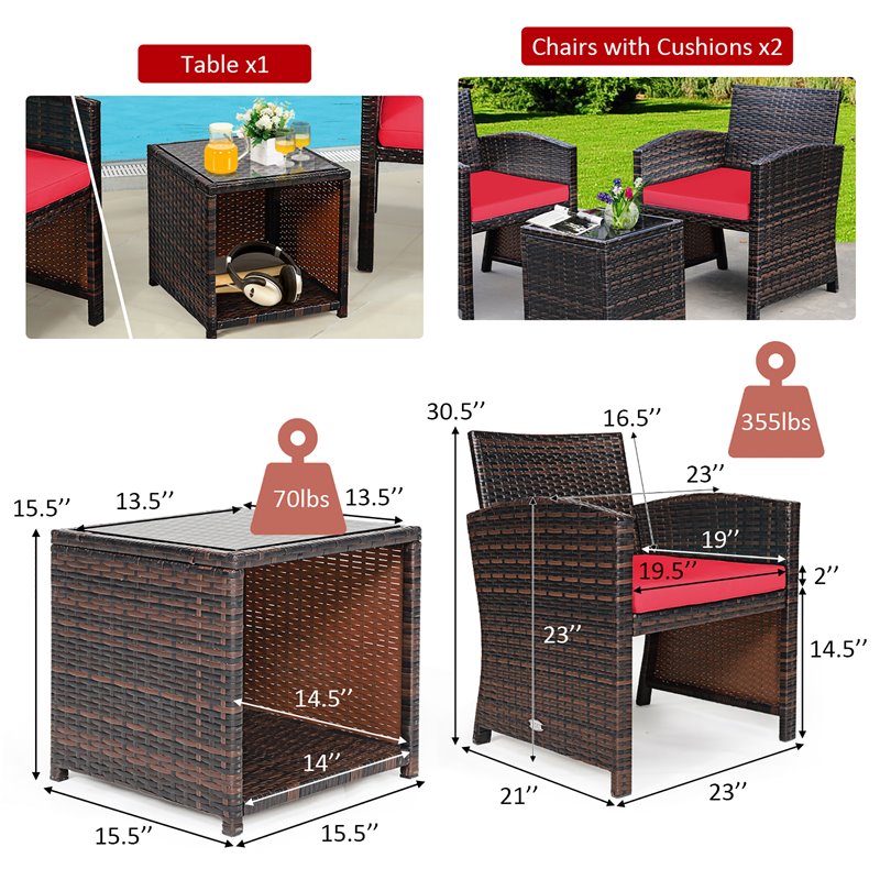 Pemberly Row 3-piece Patio Rattan/Wicker Sofas and Coffee Table in Red Cushion