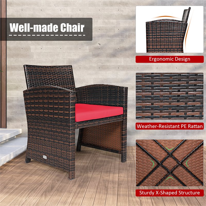 Pemberly Row 3-piece Patio Rattan/Wicker Sofas and Coffee Table in Red Cushion