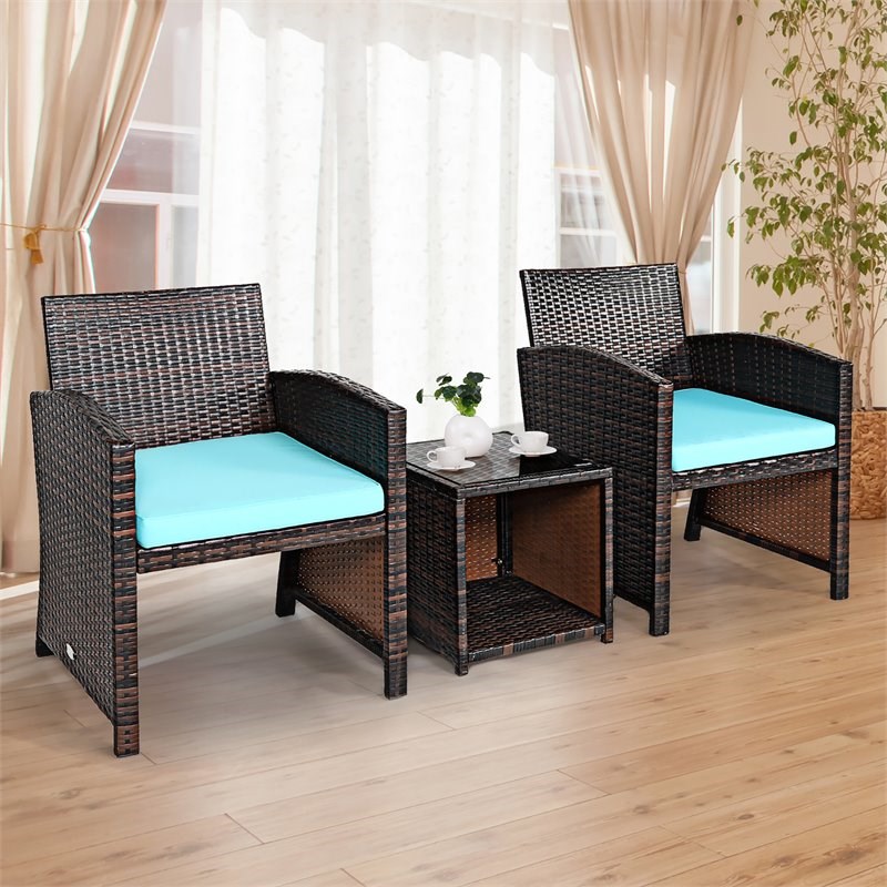Pemberly Row 3-Pc Patio Rattan/Wicker Sofas & Coffee Table in Turquoise Cushion