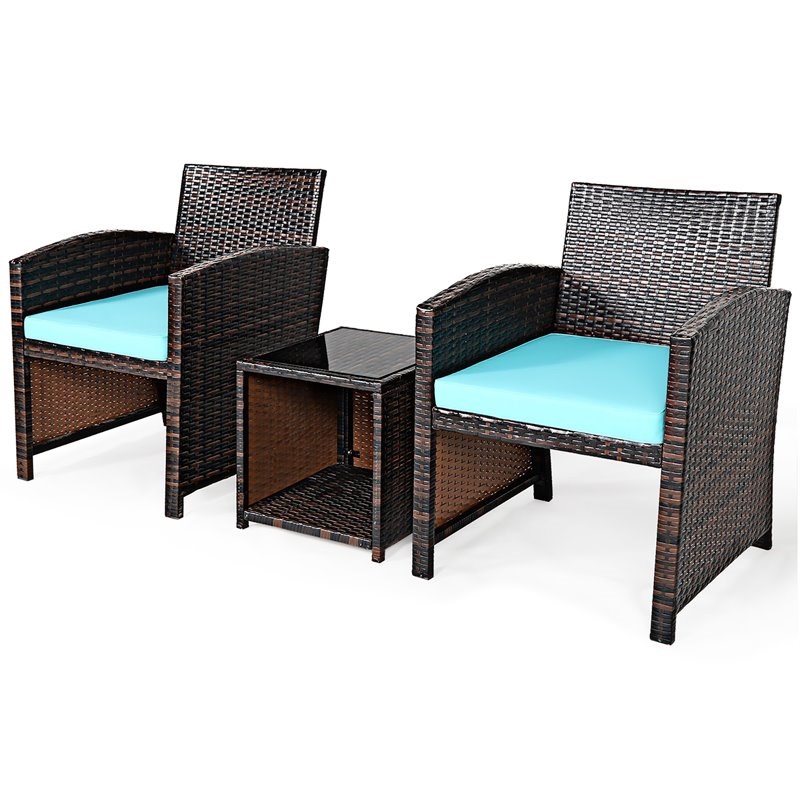 Pemberly Row 3-Pc Patio Rattan/Wicker Sofas & Coffee Table in Turquoise Cushion