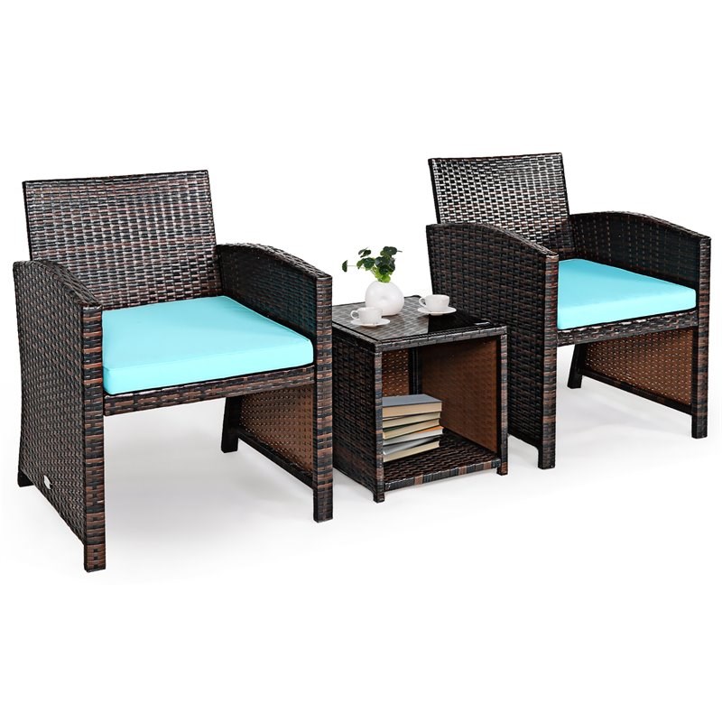 Pemberly Row 3-Pc Patio Rattan/Wicker Sofas & Coffee Table in Turquoise Cushion
