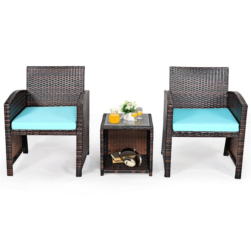 Pemberly Row 3-Pc Patio Rattan/Wicker Sofas & Coffee Table in Turquoise Cushion