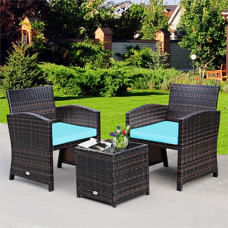 Pemberly Row 3-Pc Patio Rattan/Wicker Sofas & Coffee Table in Turquoise Cushion