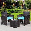 Pemberly Row 3-Pc Patio Rattan/Wicker Sofas & Coffee Table in Turquoise Cushion