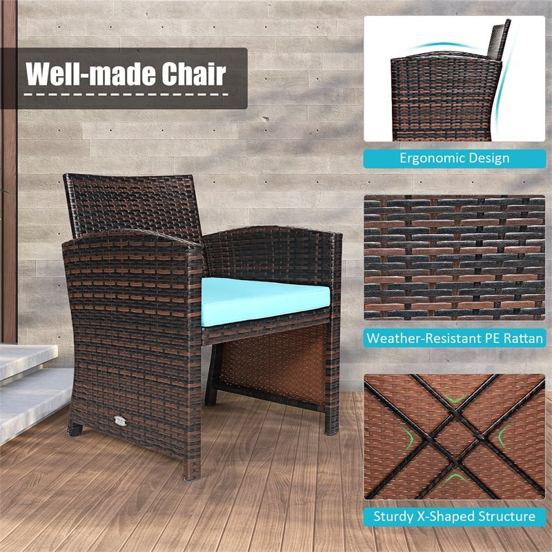Pemberly Row 3-Pc Patio Rattan/Wicker Sofas & Coffee Table in Turquoise Cushion