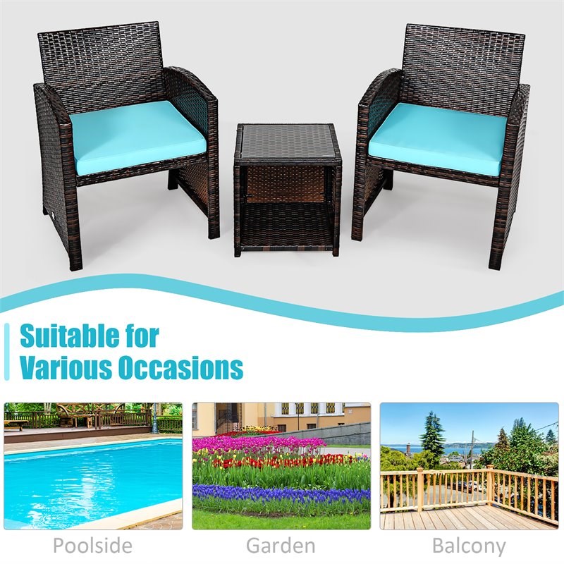 Pemberly Row 3-Pc Patio Rattan/Wicker Sofas & Coffee Table in Turquoise Cushion