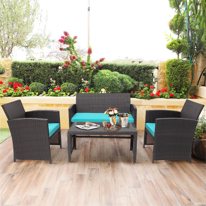 Pemberly Row 4-piece Contemporary Rattan Patio Furniture Set in Turquoise