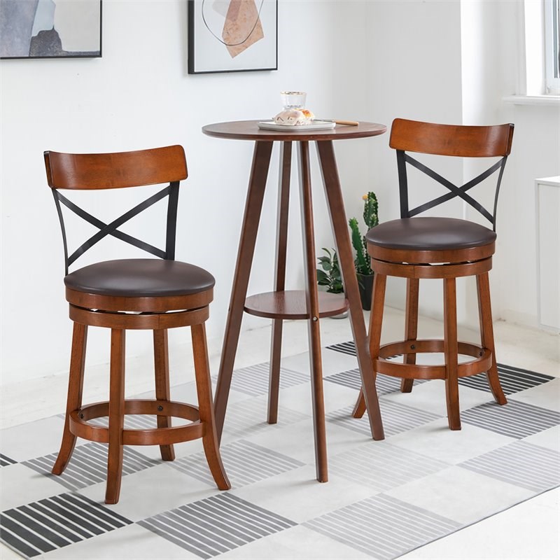 Pemberly Row 25'' Metal Swivel Bar Stools w/ Rubber Wood Legs - Brown (Set of 2)