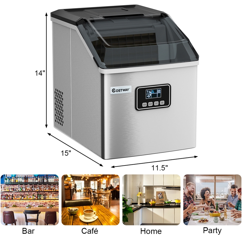 Pemberly Row Steel Ice Maker Machine 48Lbs/24H Self-Clean w/ LCD Display Silver