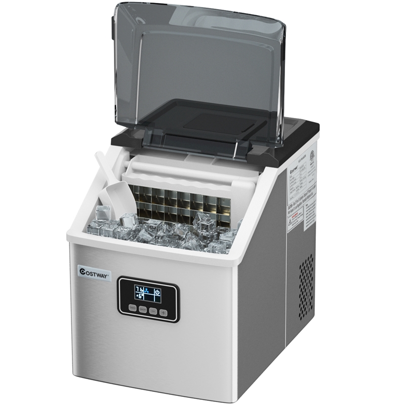 Pemberly Row Steel Ice Maker Machine 48Lbs/24H Self-Clean w/ LCD Display Silver