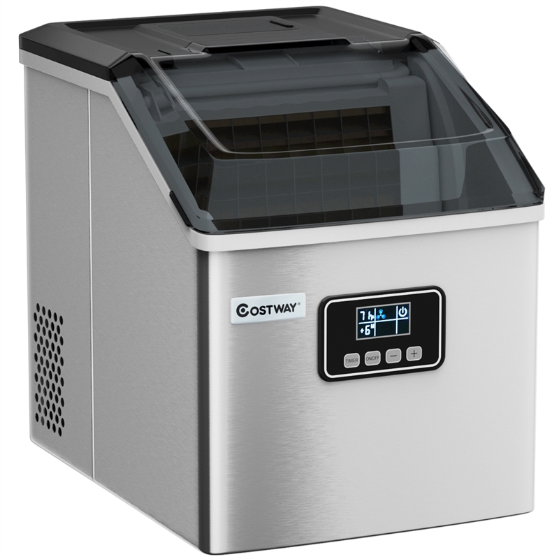 Pemberly Row Steel Ice Maker Machine 48Lbs/24H Self-Clean w/ LCD Display Silver