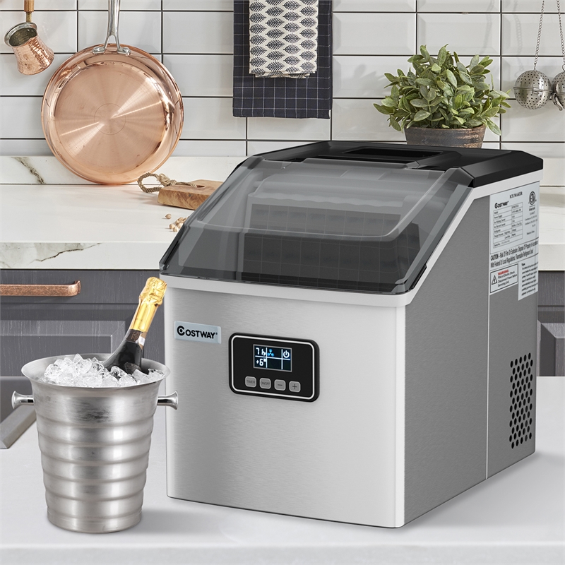 Pemberly Row Steel Ice Maker Machine 48Lbs/24H Self-Clean w/ LCD Display Silver