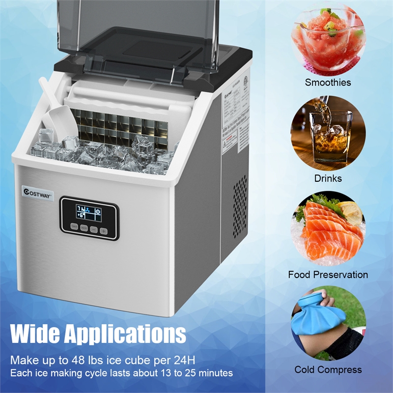 Pemberly Row Steel Ice Maker Machine 48Lbs/24H Self-Clean w/ LCD Display Silver
