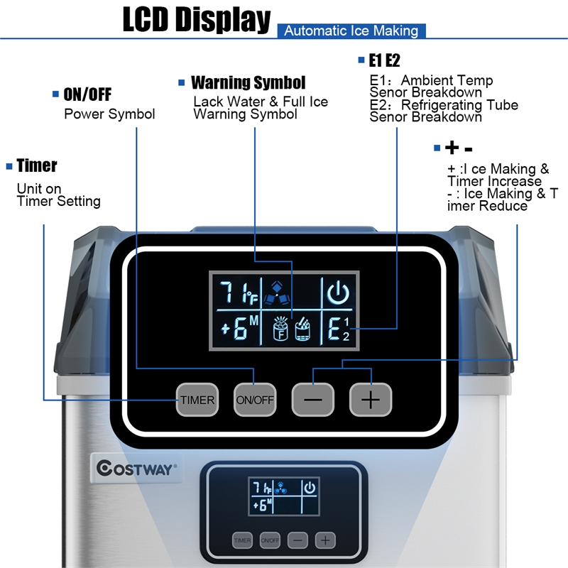 Pemberly Row Steel Ice Maker Machine 48Lbs/24H Self-Clean w/ LCD Display Silver