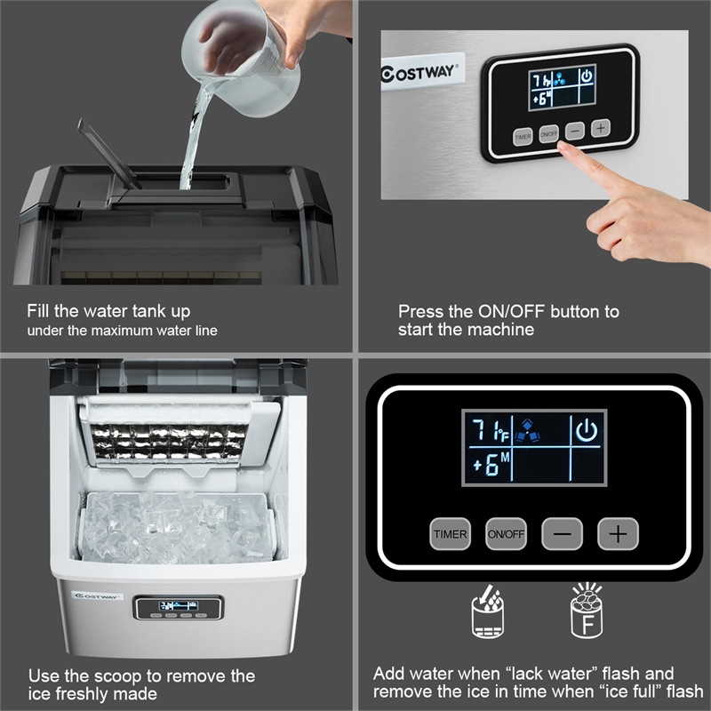 Pemberly Row Steel Ice Maker Machine 48Lbs/24H Self-Clean w/ LCD Display Silver