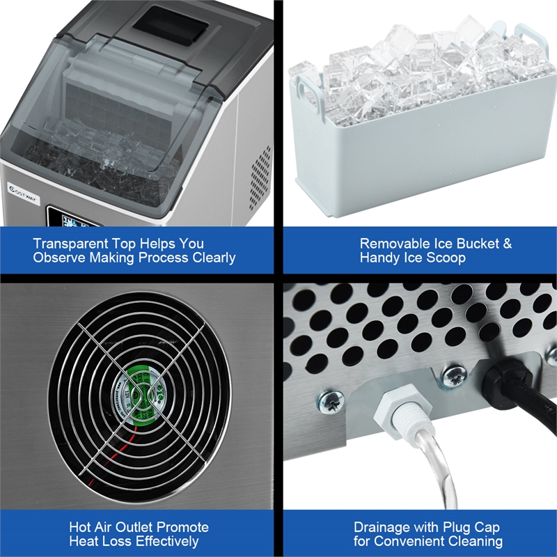 Pemberly Row Steel Ice Maker Machine 48Lbs/24H Self-Clean w/ LCD Display Silver