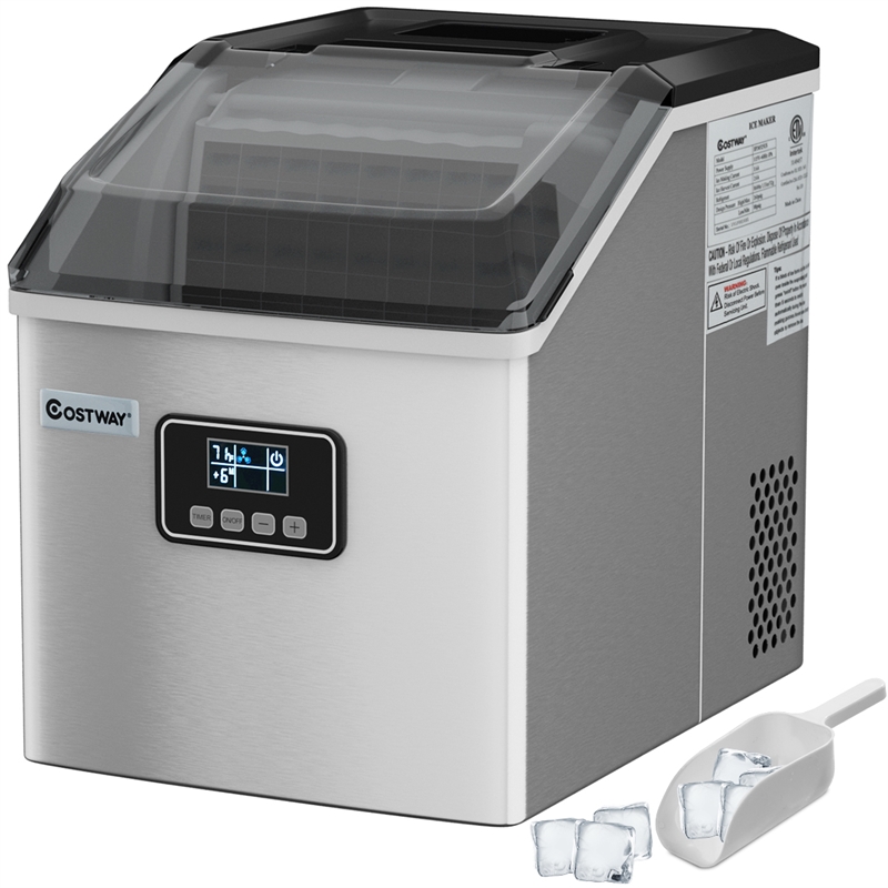 Pemberly Row Steel Ice Maker Machine 48Lbs/24H Self-Clean w/ LCD Display Silver