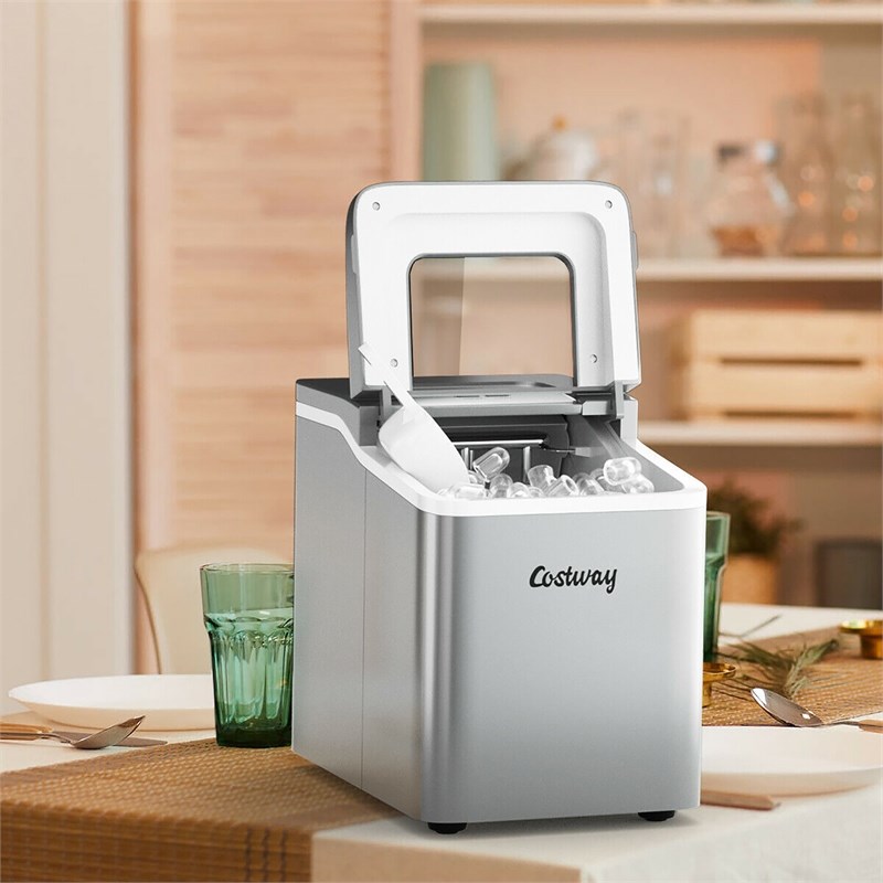 Pemberly Row Portable Ice Maker Machine Self-cleaning w/ Scoop Silver Plastic